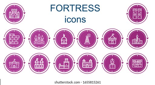 Editable 14 fortress icons for web and mobile. Set of fortress included icons line Castle, Tower, Brick wall, Fortress, tower, Knight