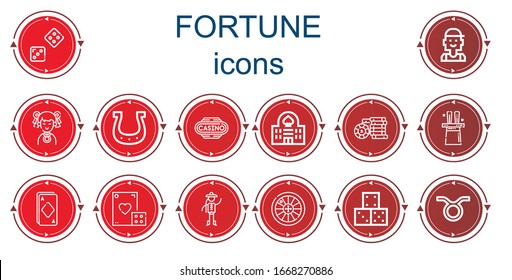 Editable 14 fortune icons for web and mobile. Set of fortune included icons line Dice, Checker, Chinese, Horseshoe, Casino, Casino chip, Magic, Ace, Roulette, Taurus