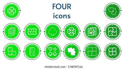 Editable 14 four icons for web and mobile. Set of four included icons line Clover, Puzzle, Playing cards, Ace, Poker