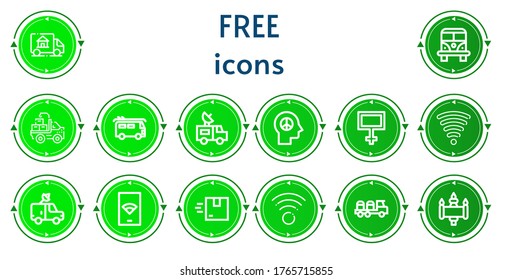 Editable 14 free icons for web and mobile. Set of free included icons line Delivery truck, Van, Truck, Peace, Wifi signal, Wifi, Delivery, Signal
