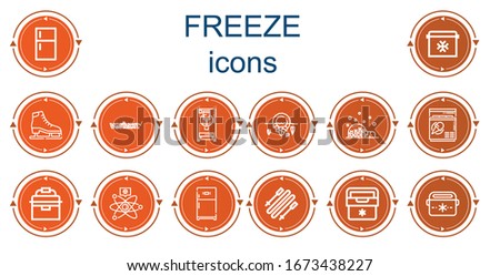 Editable 14 freeze icons for web and mobile. Set of freeze included icons line Fridge, Ice skate, Verizon, Freezer, Iceberg, Igloo, Portable fridge, Cold fusion, Refrigerator
