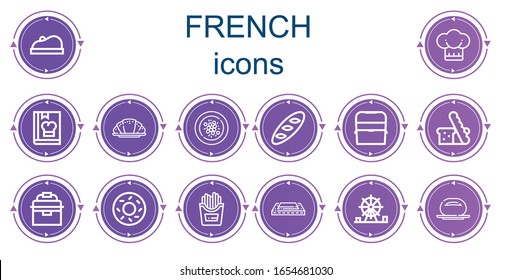 Editable 14 french icons for web and mobile. Set of french included icons line Beret, Chef, Cook, Croissant, Oyster omelette, Bread, Ice box, Portable fridge, Bagel, Fries, Harmonica