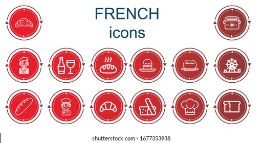 Editable 14 french icons for web and mobile. Set of french included icons line Croissant, Portable fridge, Mime, Wine, Bread, Profiterole, Bun, Amusement park, Chef