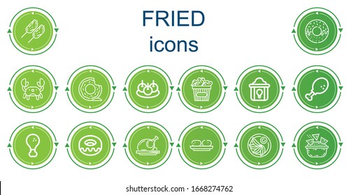 Editable 14 fried icons for web and mobile. Set of fried included icons line Chicken, Donut, Crab, Bitterballen, Fried chicken, Chicken leg, Roast Croquette, Jiaozi