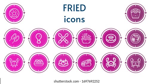 Editable 14 fried icons for web and mobile. Set of fried included icons line Donut, Onion rings, Chicken, Fried chicken, Drumsticks, Nachos, Prawn, Crab, Takoyaki, Bitterballen