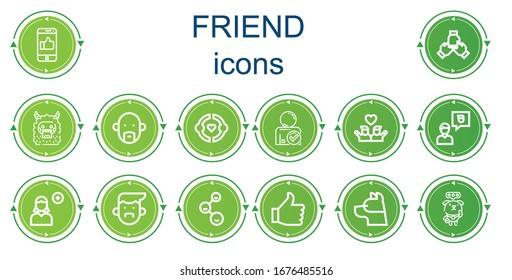 Editable 14 friend icons for web and mobile. Set of friend included icons line Like, Teamwork, Monster, Avatar, Friendship, Friend, Friends, Add user, Thumb up, Dog