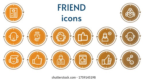 Editable 14 friend icons for web and mobile. Set of friend included icons line Profile, Avatar, Dog, Like, Add user, Thumb up, Thumbs up, Friends