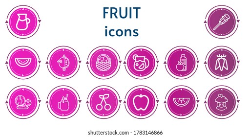 Editable 14 fruit icons for web and mobile. Set of fruit included icons line Lemonade, Cane, Watermelon, Apple, Fruit, Juice, Food, Tuber, Vegetables, Smoothie, Cherry, Bitten apple