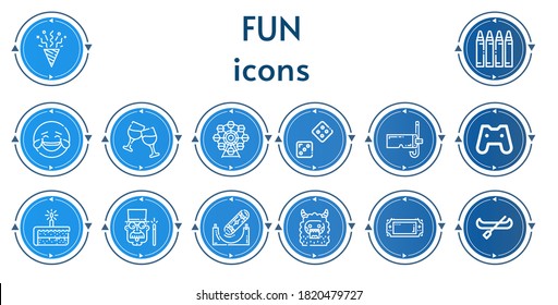 Editable 14 fun icons for web and mobile. Set of fun included icons line Confetti, Crayon, Laughing, Cheers, Ferris wheel, Dice, Diving mask, Gamepad, Cake, Magician, Skateboard