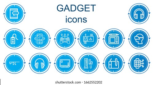 Editable 14 gadget icons for web and mobile. Set of gadget included icons line Ipad, Headphones, Controller, Tilt, Gamepad, Graphic tablet, Vr glasses, Smart glasses, Drawing tablet