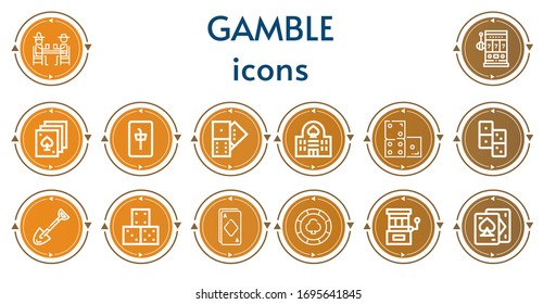 Editable 14 gamble icons for web and mobile. Set of gamble included icons line Gamblers, Slot machine, Poker, Mahjong, Domino, Casino, Spade, Dice, Ace, Casino chip, Playing cards