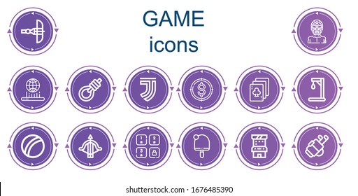 Editable 14 game icons for web and mobile. Set of game included icons line Crossbow, Wrestler, Hologram, Gallows, Juventus, Target, Playing cards, Gallow, Beach ball, Game, Table tennis