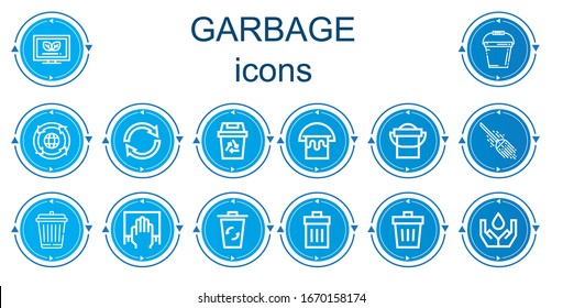 Editable 14 garbage icons for web and mobile. Set of garbage included icons line Ecological, Bucket, Recycling, Reuse, Broom, Garbage, Cleaning, Recycling bin, Trash, Ecology