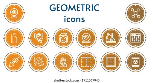 Editable 14 iconos geométricos para web y móvil. Conjunto de iconos geométricos incluidos línea Webcam, molécula, patrón, elefante, nativo americano, d, descarga, borde