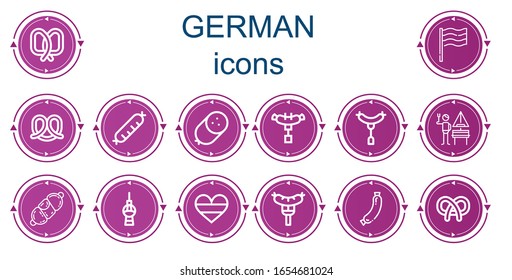 Editable 14 german icons for web and mobile. Set of german included icons line Pretzel, Germany, Sausage, German, Fernsehturm berlin