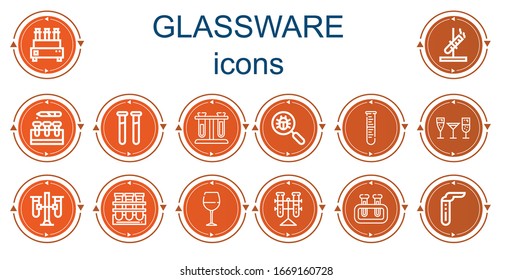 Editable 14 glassware icons for web and mobile. Set of glassware included icons line Test tube, Test tubes, Virus search, Lab, Stemware, Tube, Wine glass, Tubes