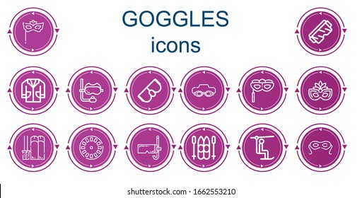 Editable 14 iconos de gafas para web y móvil. Conjunto de gafas que incluye íconos de la línea Máscara de ojo, gafas de seguridad, abrigo de laboratorio, Snorkel, Gogles, Goggle, Ski, Stereoscope, Máscara de buceo, Elevador de cabeza