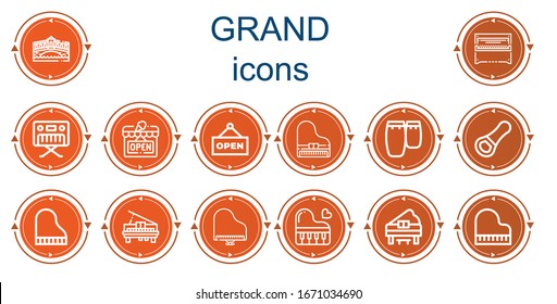 Editable 14 grand icons for web and mobile. Set of grand included icons line Rialto bridge, Piano, Open, Conga, Opener