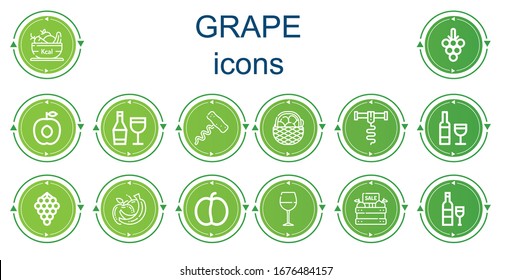 Editable 14 iconos de uva para web y móvil. Conjunto de uvas incluidas línea de iconos Frutas, uvas, albaricoques, vinos, cornudos, frutas, ciruelas, vidrio de vino