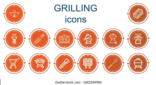 Editable 14 grilling icons for web and mobile. Set of grilling included icons line Grill, Bbq, Tongs, Barbecue grill, Barbecue fork