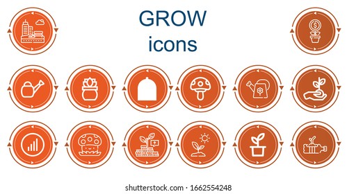 Editable 14 iconos de crecimiento para web y móvil. Conjunto de íconos de crecimiento incluido Park, Growth, Watering can, Plant, Mushroom, Barras gráficas, Sprout