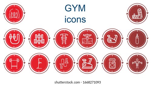 Editable 14 iconos de gimnasio para web y móvil. Conjunto de gimnasio con iconos línea Abs, Brazo, cuerda Skip, Dumbbell, Estación Gym, Fitness, Bicicleta Stationary, Bolso de punzonado, Prensa de banco, cuerda para saltar.