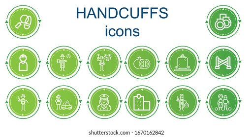 Editable 14 iconos esposados para web y móvil. El conjunto de esposas incluye íconos de línea Detective, Esposas, Criminal, Granada, Línea de Policía, Policía, Comisaría de Policía, Esclavitud.