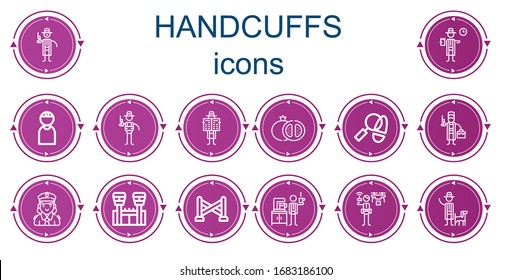 Editable 14 iconos esposados para web y móvil. El conjunto de esposas incluye íconos de línea Detective, Criminal, Granada, Policía, Cárcel, Línea Policial