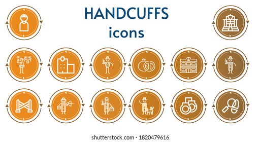 Bearbeitbar 14 Handschellen Icons für Web und Mobile. Handschellen inbegriffen Symbole der Linie Kriminelle, Polizei, Detektiv, Polizeistation, Grenade, Polizei Linie, Handschellen