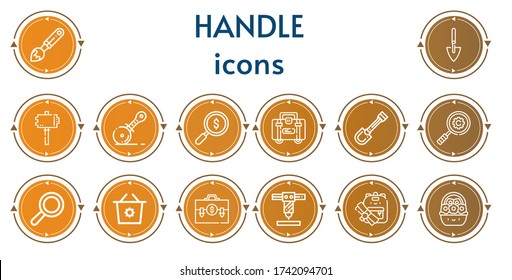 Editable 14 iconos de identificador para web y móvil. Juego de mangos incluido íconos línea Pincel de pintura, pala, martillo, cortador de pizza, búsqueda, maletín, vidrio de aumento, cesta de compras