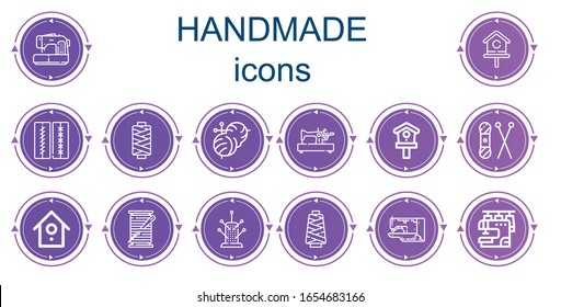 Editable 14 handmade icons for web and mobile. Set of handmade included icons line Sewing machine, Birdhouse, Stitches, Thread, Knitting, Knit, Thread spool, Pincushion