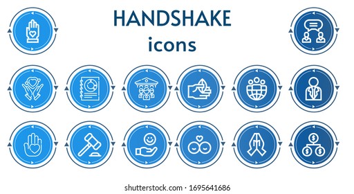 14 iconos de apretón de manos editables para web y móvil. Conjunto de apretones de manos incluidos iconos línea Mano, Acuerdo, Manos, Negocios, Organización, Líder, Empresario, Subasta, Amigos