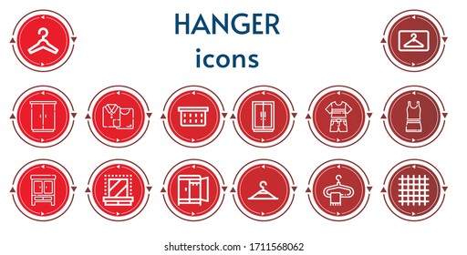 Editable 14 iconos de suspensión para web y móvil. Juego de colgadores incluidos íconos línea Hanger, armario, ropa, cesta de ropa, vestidor, ropa