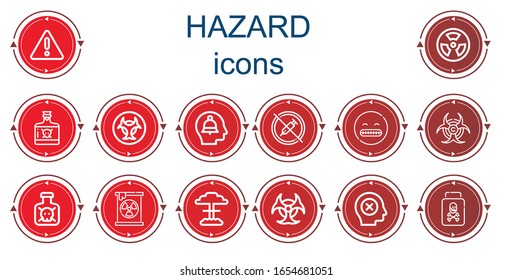 Editable 14 hazard icons for web and mobile. Set of hazard included icons line Warning, Radioactive, Poison, Biohazard, Alert, No drugs, Shocked, Toxic, Radiation, Nuclear, Failure