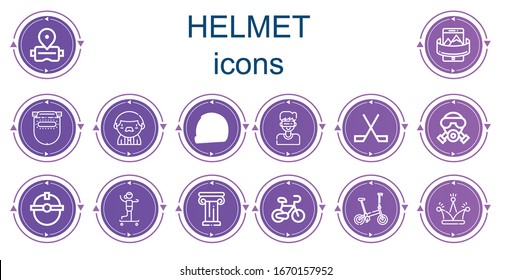 Editable 14 helmet icons for web and mobile. Set of helmet included icons line Virtual reality, Panoramic, Weld, Worker, Helmet, Ice hockey, Gas mask, Skateboarding, Architecture