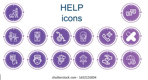 Editable 14 Help Icons For Web And Mobile. Set Of Help Included Icons Line Veterinarian, Chat, Call, Wheelchair, Call Center, Phone Call, Patch, Blood Bag, Concierge, Blood Transfusion