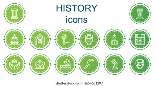 Editable 14 history icons for web and mobile. Set of history included icons line Column, Pagoda, Arch, Torch, Amphora, Knight, Notre dame, Crown, Headdress, Sickle, Pharaoh, Arsenal