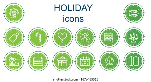 Editable 14 holiday icons for web and mobile. Set of holiday included icons line Ferris wheel, Garlands, Price tag, Candy cane, Heart, Balloon, Calendar, Candle, Water ski, Gift
