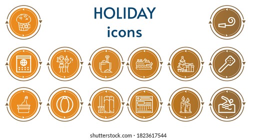 Editable 14 holiday icons for web and mobile. Set of holiday included icons line Muffin, Party whistle, Calendar, Christmas party, Sand bucket, Cruise, Christmas tree, Slotted spoon