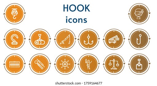 Editable 14 hook icons for web and mobile. Set of hook included icons line Crane, Pirate, Hook, Fishing, Wardrobe, Balance