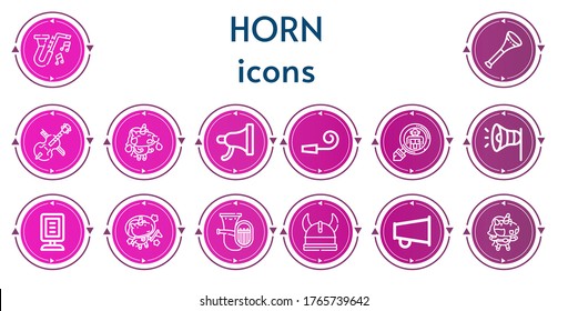 Iconos editables de 14 cuernos para web y móvil. El juego de cuernos incluía íconos como Jazz, Vuvuzela, Cello, Unicorn, Megaphone, Partido whistle, Criptozoología, Anunciador, Tuba, Viking