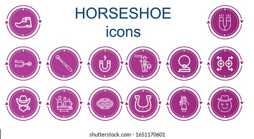 Editable 14 horseshoe icons for web and mobile. Set of horseshoe included icons line Leprechaun shoe, Magnet, Spur, Magnetic, Lasso, Cowboy, Attraction, Casino, Horseshoe, Cowgirl