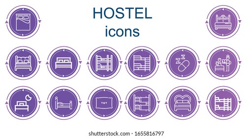 Bearbeitbar 14 Herbergssymbole für Web und Mobile. Set Herberge inklusive Ikonen Zeile Bett, Etagenbett, Schlafen, Bettzeit, Kissen