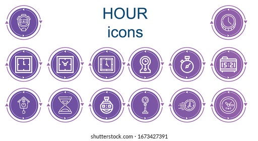 Editable 14 hour icons for web and mobile. Set of hour included icons line Stopwatch, Time, Clock, Clocks, Wall clock, Chronometer, Alarm clock, Cuckoo Stopclock
