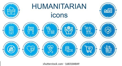 Editable 14 humanitarian icons for web and mobile. Set of humanitarian included icons line Donation, Homeless, Charity, Hope, Human rights, Ngo, Food donation, Solidarity