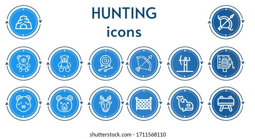 Editable 14 hunting icons for web and mobile. Set of hunting included icons line Cave, Archery, Bear, Barrel organ, Polar bear, Deer, Fishing net, Orca, Buck