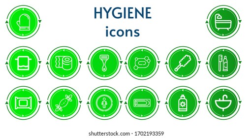 Editable 14 hygiene icons for web and mobile. Set of hygiene included icons line Glove, Bath, Towel, Toilet paper, Razor, Soap, Duster, Toothpaste, Makeup remover, Tissues, Restroom