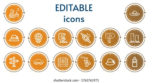 Editable 14 iconos editables para web y móvil. Conjunto de íconos editables incluidos línea Terrace, Pamela, Parking meter, Clamp, Broken link, Signpost, Vertical Align, Goggle, Chest