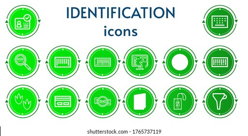 Editable 14 identification icons for web and mobile. Set of identification included icons line ID, Keypad, Barcode, Recognition, Scanner, Footprint, Key card, Badge, Passport