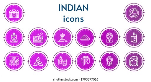 Editable 14 indian icons for web and mobile. Set of indian included icons line Taj mahal, Indian, Native american, Inukshuk, Laddu, Eskimo, Quiver, Spices, Chakra, Tandoor, Panpipe